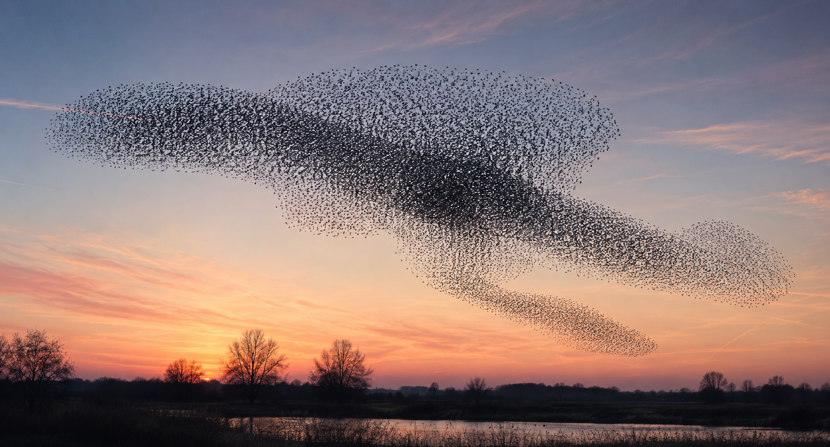 Eine Murmuration — tausende Stare im Schwarmflug